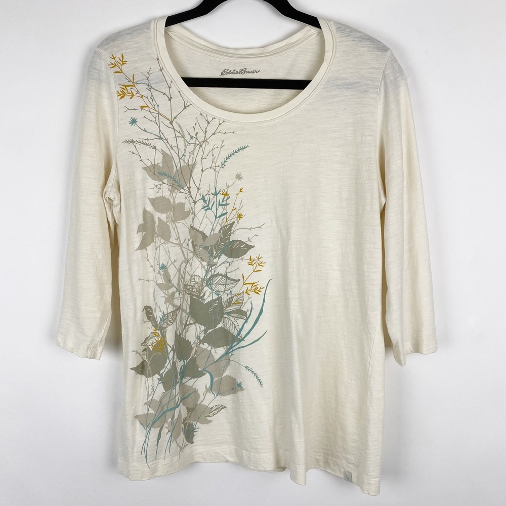 Eddie Bauer Graphic T-Shirt Women Large Cream 3/4 Sleeve Cotton Botanical Floral